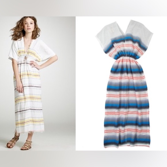 Nwot Lemlem Eskedar Frayed Striped Cotton-Blend Gauze Coverup Bohemian Dress